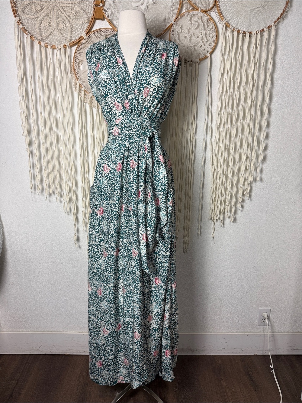 Natalie Martin Silk Teal and Fuchsia Floral Print Sleeveless Wrap Maxi Dress S